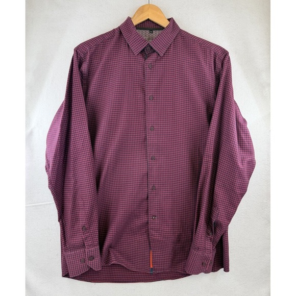 Luchiano Visconti Shirt Men XL Maroon Navy Houndstooth Long Sleeve Button Up - Picture 2 of 9